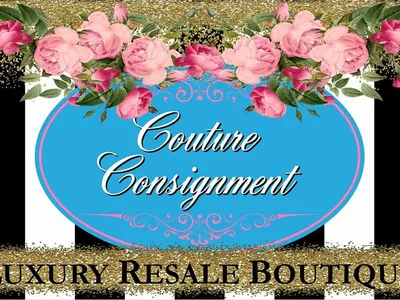 Bright, organized consignment boutique with neatly arranged designer clothing racks, accessory displays, and intimate...