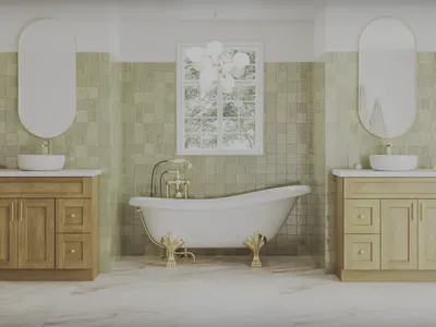 Warehouse-style home improvement store with gated side delivery area, displaying windows, cabinets and flooring materials...