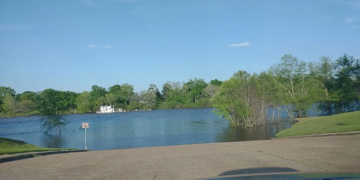 Open riverside park with disc golf course baskets scattered across grassy areas, featuring a prominent magnolia tree and...