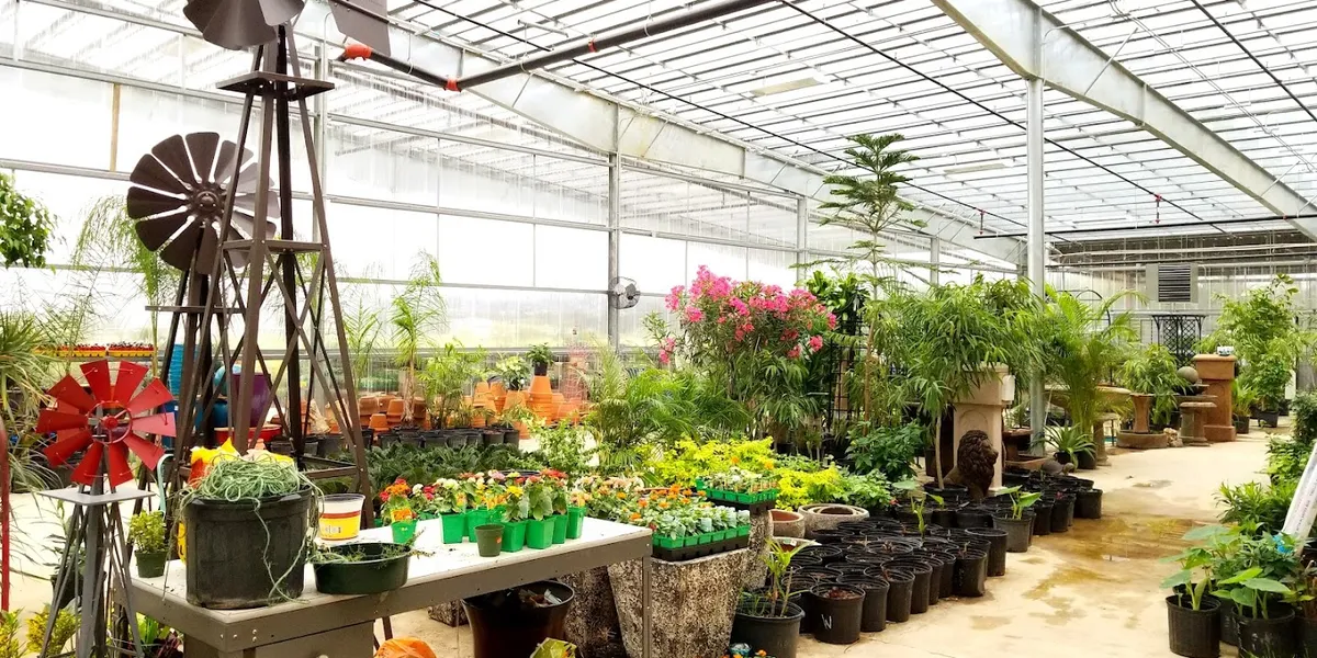 Spacious garden center with diverse plant displays, outdoor furniture sets, and gardening accessories arranged across...