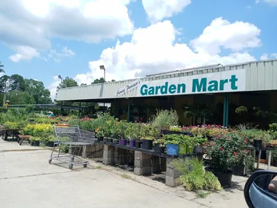 Family-owned garden center with vibrant displays of healthy plants, organized sections for mulch and fertilizers, and a...