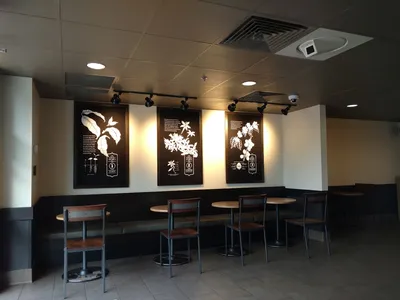 Compact Starbucks counter in ULM food court with efficient service line, outdoor tables visible through windows, and...