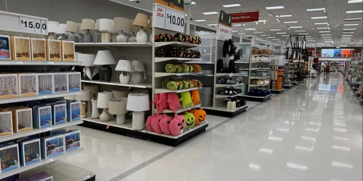 Spacious Target department store with red shopping carts, bright overhead lighting, and organized aisles featuring...