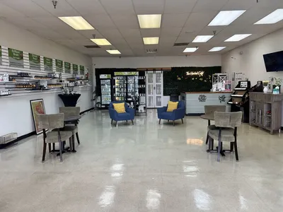 Bright wellness hub with tea and supplement displays, outdoor seating area, and colorful lemonade counter featuring sea...