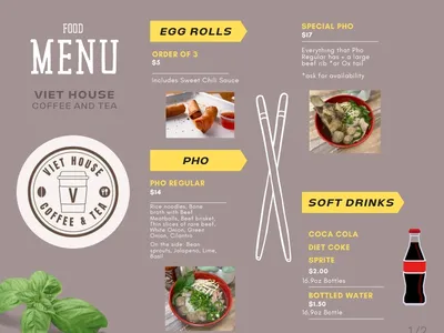 Bright, immaculately clean coffee shop with Vietnamese menu offerings, featuring colorful boba drinks and coffee in a...