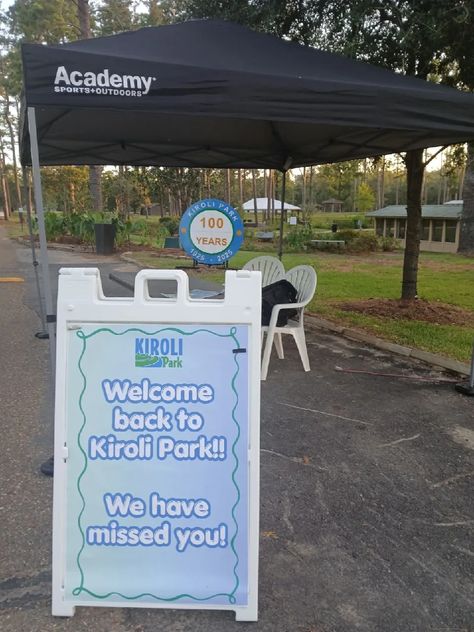 A Welcome back to Kiroli Park sign at the entrance.