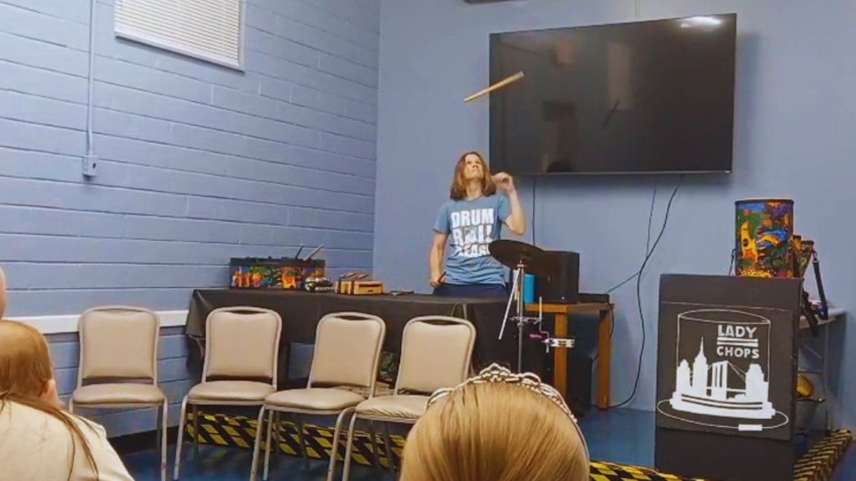 Lady Chops leading interactive percussion activity at Sterlington Memorial Branch library Monroe Louisiana