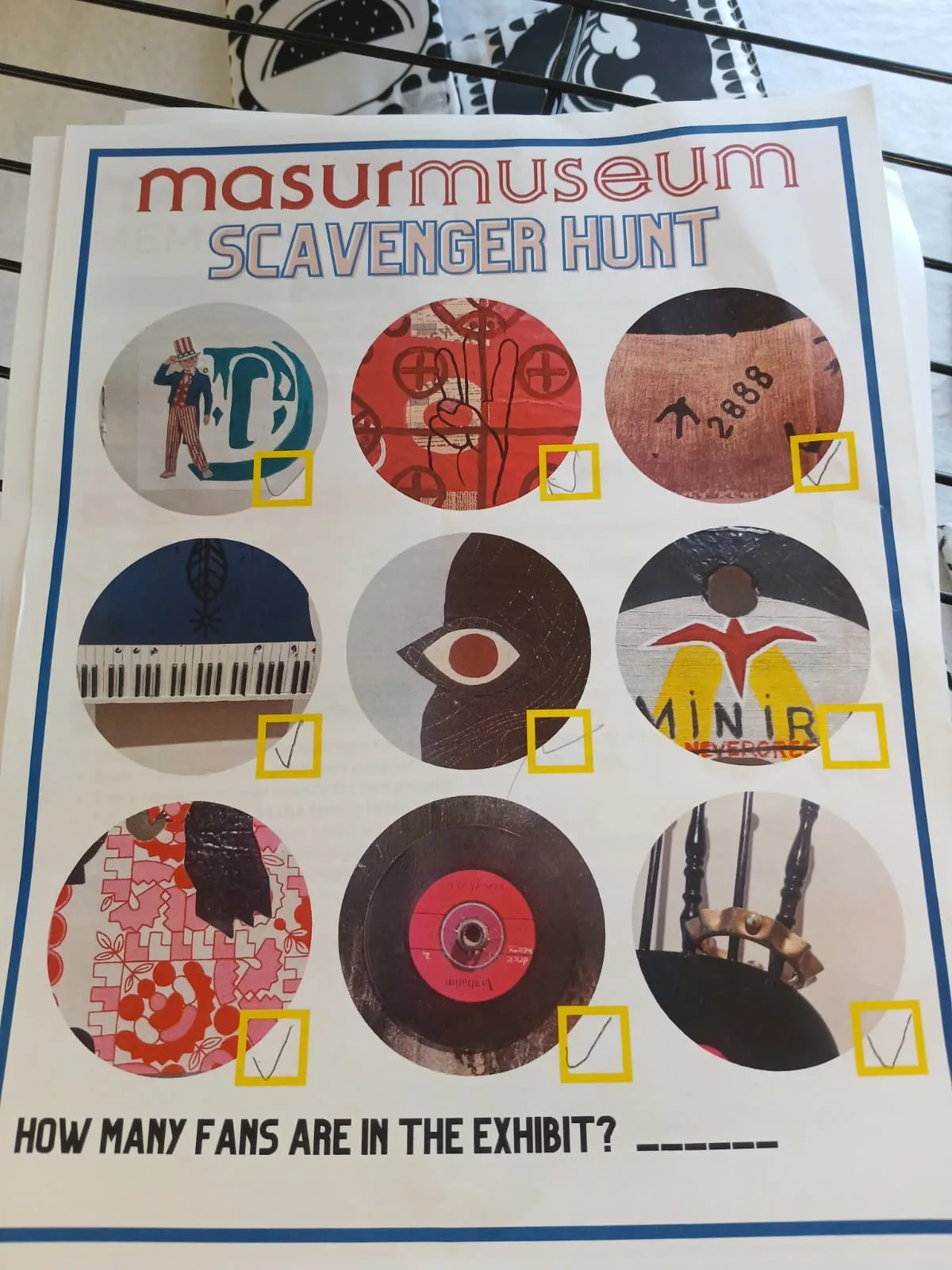 Masur Museum Scavenger Hunt worksheet showing circular images from the Trismegistus exhibition and a question about fans in the exhibit